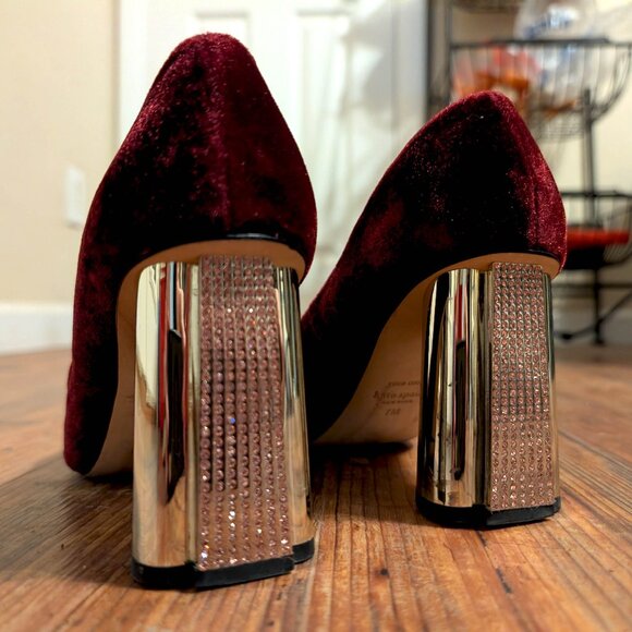 Kate Spade Sybil Burgundy Velvet Pumps with Rhinestone Block Heels Vero Cuoio - Picture 9 of 14